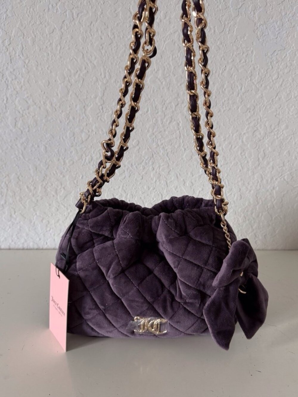 Juicy Couture Quilted Cinch Bucket Shoulder Bag W/Bow Charm Plum Perfect NEW